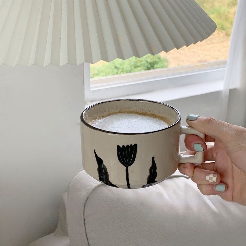 Retro Japanese Ceramic Black Tulip Coffee Mug with Square Handle