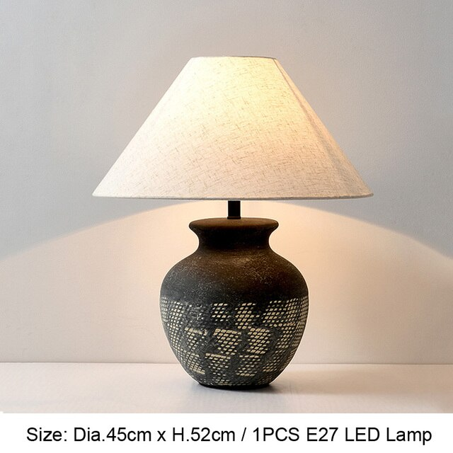 Retro Japanese Wabi sabi Ceramic Table Lamp with Ceramic Vase Base and Linen Lampshade