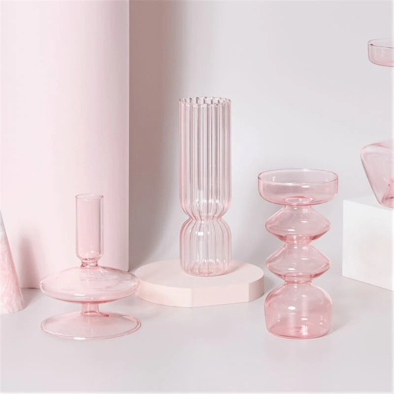 Pink Clear Glass Nordic Candle Holders, Glass Taper Candlesticks Holder