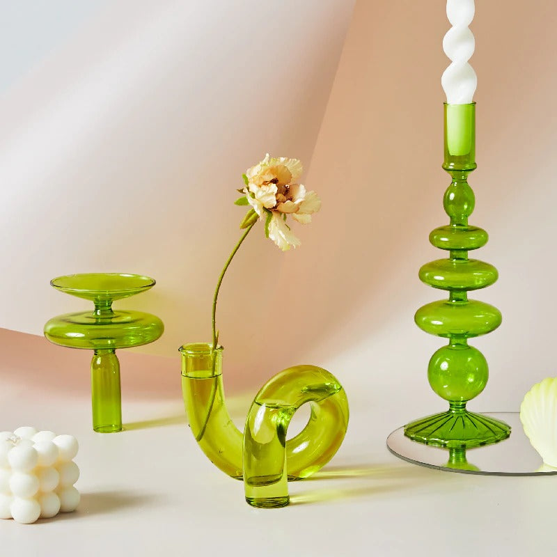 Nordic Green Glass Candlestick Candle Holders